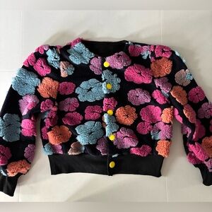 Cropped Jacket Women's Floral Sherpa Embroidered‎ Button Front Sweater Boho